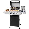 Unovivy 3-Burner Propane Gas BBQ Grill with Side Burner & Porcelain-Enameled Cast Iron Grates Built-in Thermometer, 39,000 BTU Outdoor Cooking, Patio, Garden Barbecue Grill, Black and Silver